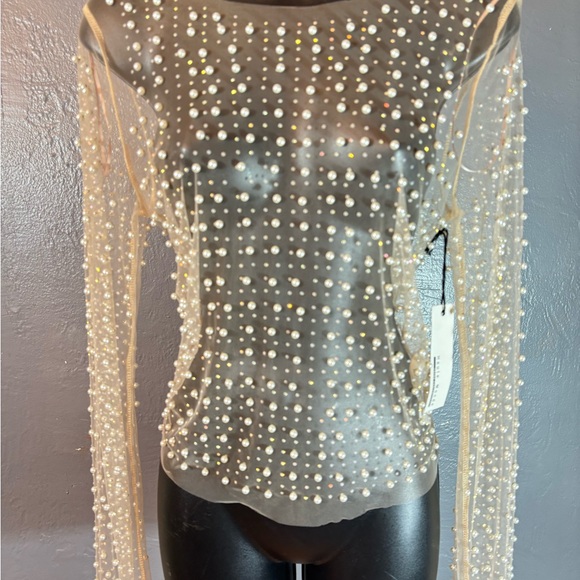 Haute Monde Mesh Rhinestone Faux Pearl Top - Nude - Picture 4 of 12